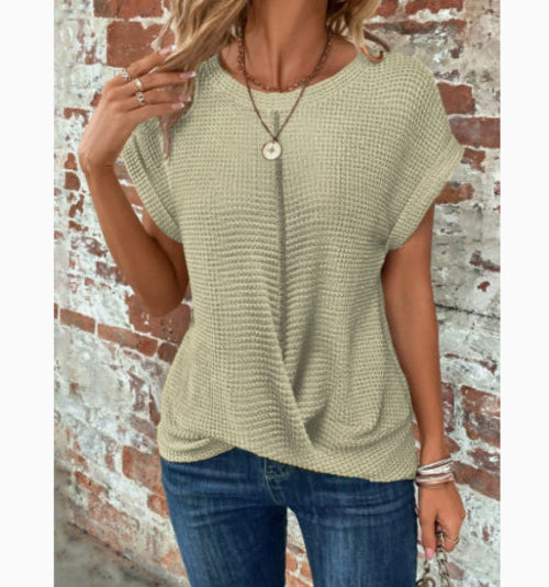 Short-sleeved Waffle T-shirt Summer New Solid Color Crew Neck Top For