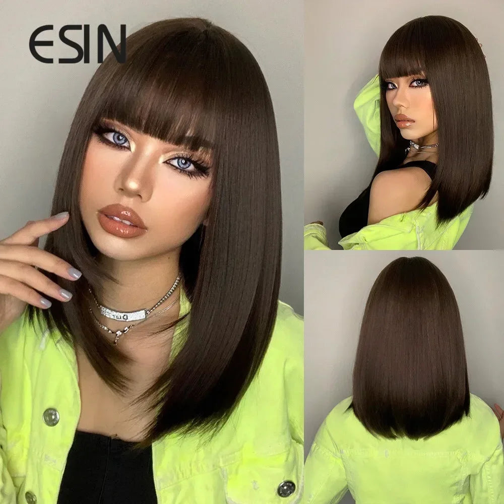 ESIN Synthetic Dark Brown Wig Long Wave Wigs for Women Hair Wig With Bangs Heat Resistant Party Daily Natural Use