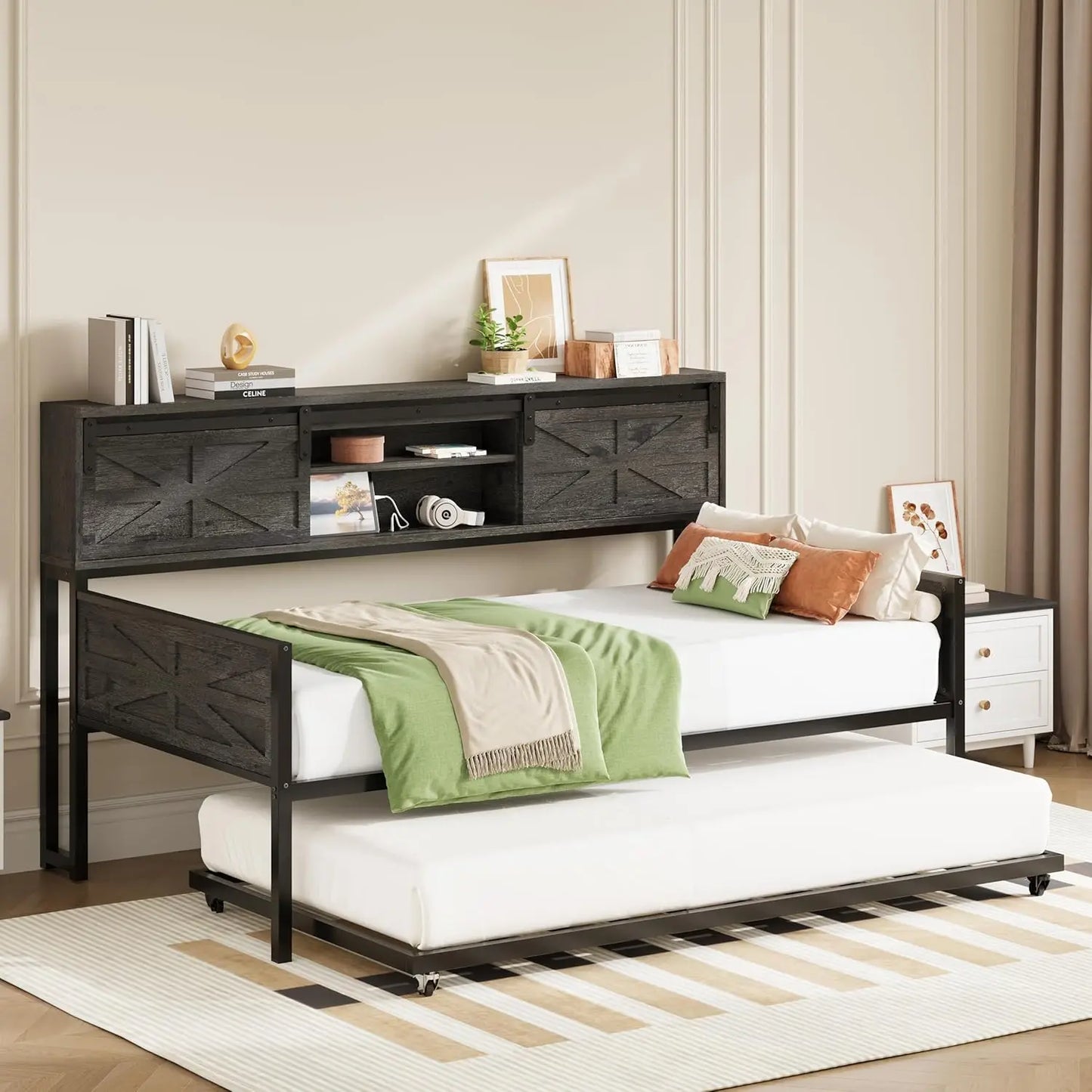 Daybed with Trundle, Rustic Bed Twin with Storage and Charging Station for Living Room, Bedroom and Guest Room