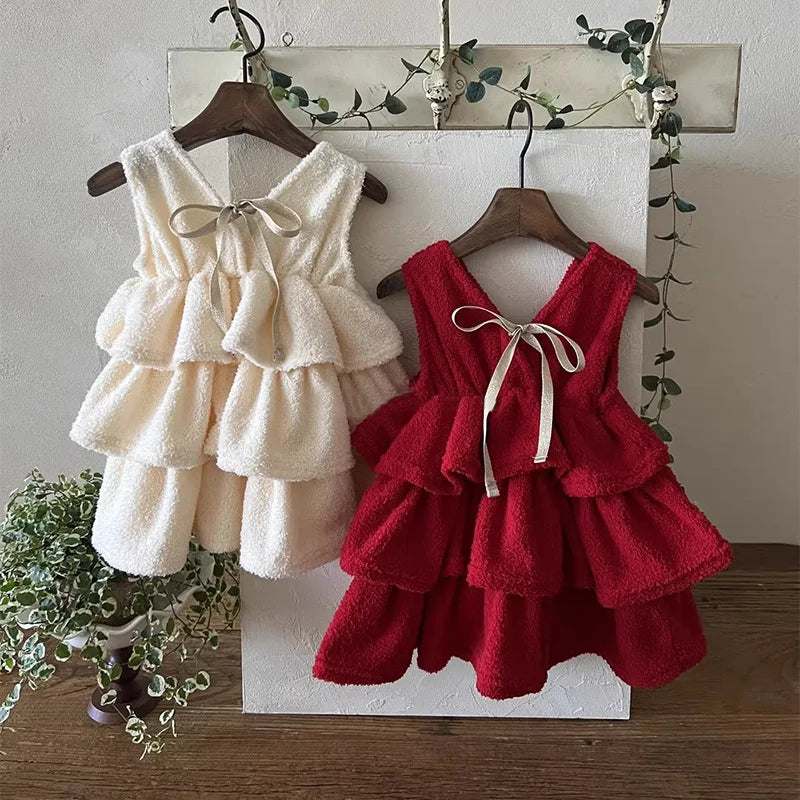 2025 Winter New Girls Sleeveless Princess Dress Children Fleece Dress Cute Baby Girl Christmas Party Dress Kids Warm Clothes