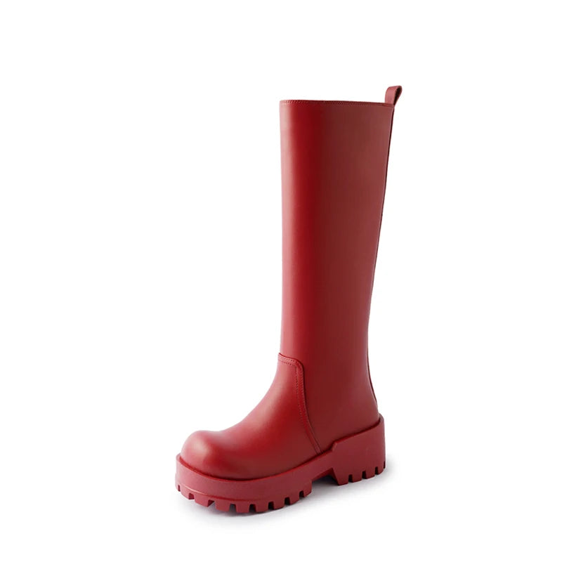 2025 New Platform Women Riding Boots Genuine Leather Knee-high Modern Rain Boots Outdoor Party Shoes
