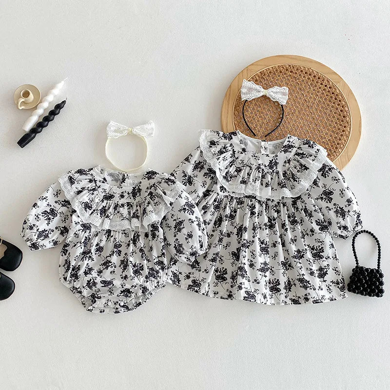 Little Sister Big Sister Matching Floral Print Outfit Cotton Twins Baby Cute Clothes Infant Flower Bodysuit Kids Girls Dresses