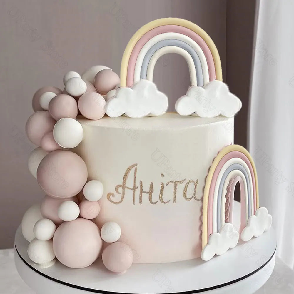 1 Set Balls Rainbow Cake Toppers White Cloud Beige Rainbow Pink Nude Cake Balls for Baby Shower Birthday Cake Decorations Favor