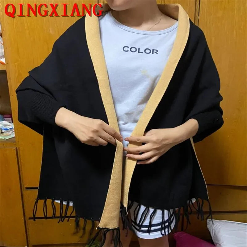 New Colors Black Women Outstreet Loose Knitwear Capes Solid Autumn Winter Knitted Batwing Sleeves Long Poncho Female Tassel Coat