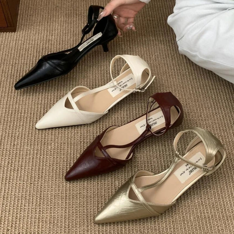 Fashion Pointed Toe Pumps Women Sandals Elegant Hollow Gold High Heels Ladies Footwear Summer New T-strap Sexy Office Women Shoe