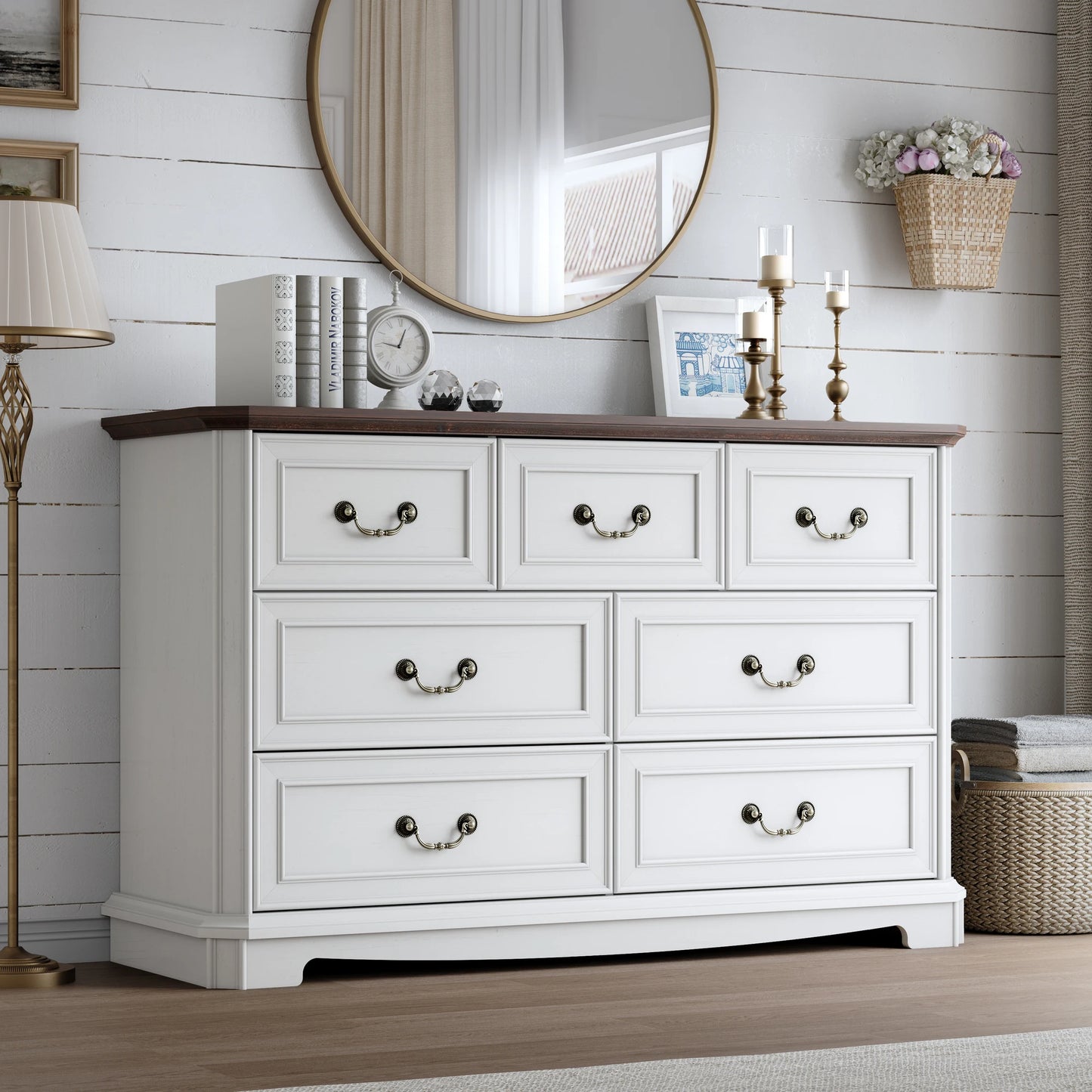 Farmhouse Dresser for Bedroom with 7 Drawer, Wood Vintage Dresser TV Stand for Living Room, Hallway