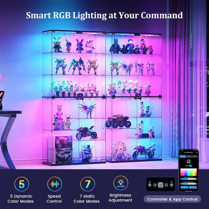 Full Glass Display Cabinet for Collectibles: Tempered Glass, Black, RGB Lights with Adjustable Brightness