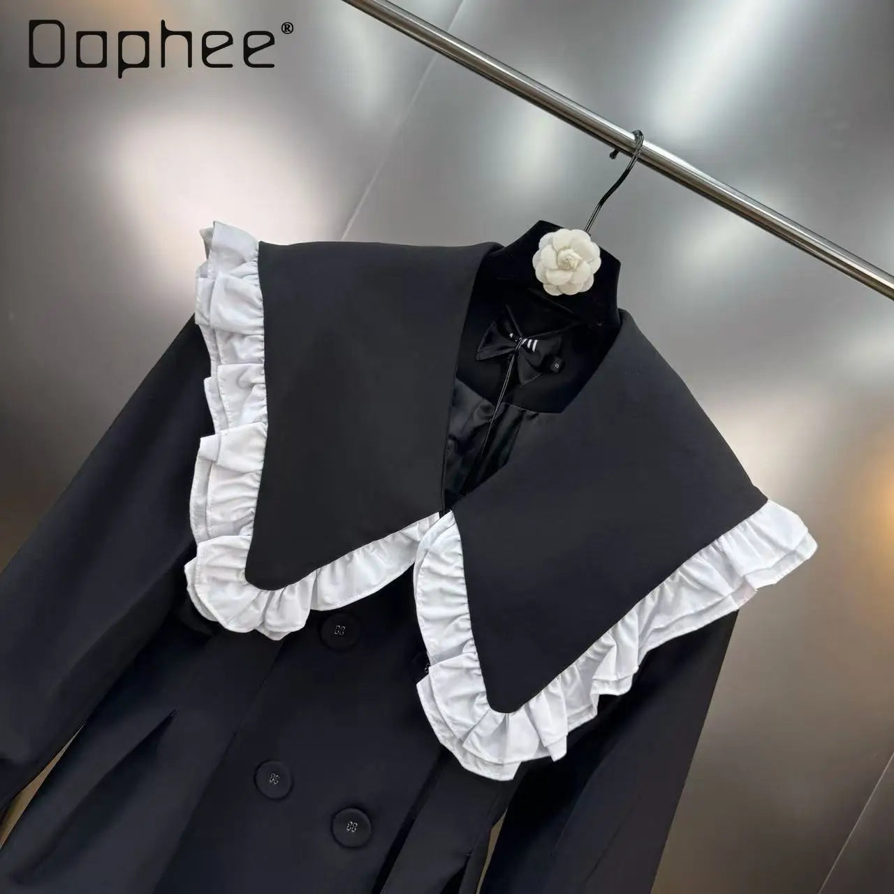 Autumn New Fashion Elegant Lapel Double-Breasted Ruffle Patchwork Blazer Women Korean Chic Trend Loose Slim Mid-Length Blazer