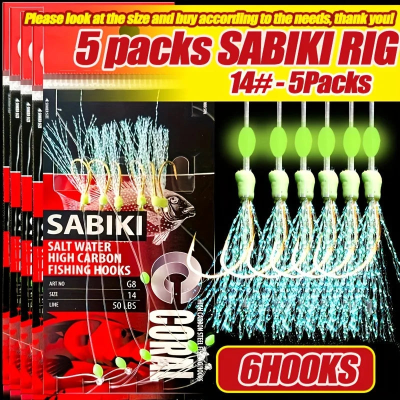 TAKBAS 1/5 Packs Sabiki Rigs, Fishing Bait Rigs, Luminous Sea Fishing Rig with High Carbon Fishing Hooks,for Fresh/Saltwater