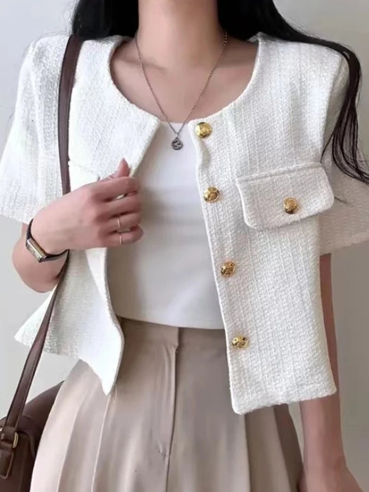 Chic ort Coat Jaet Women's Thin Design Woolen round Ne Quali Lady Open Cardigan Top Commute Sle Loose Fit Bubble Sl...