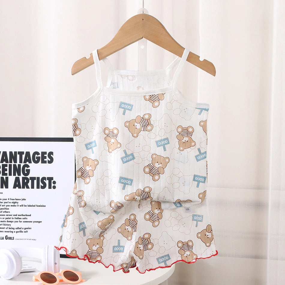 Summer Girls Sleeveless Children's Pajamas Sets Strap Sleepwear Pants Skirt Thin Kids Baby Loungewear Set Children's Top Clothes