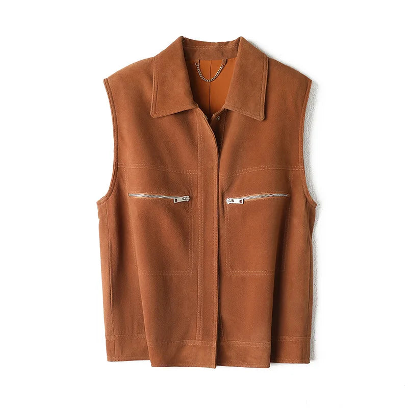 Sheepskin Suede Vest Women Spring Unisex Vintage Style Lapel Single-Breasted Yellowish Brown Genuine Leather Sleeveless Jackets