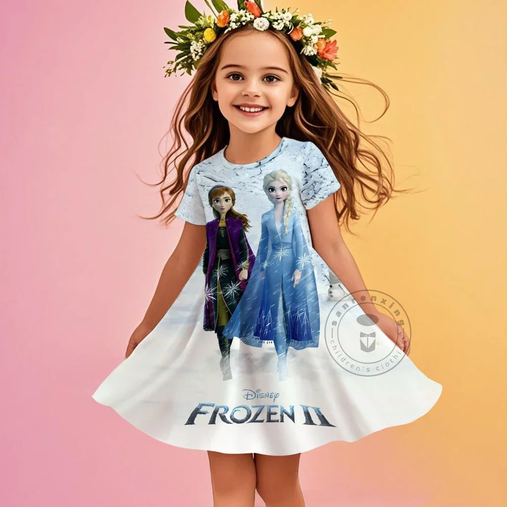 2025 Children Short-Sleeved Dress Cute Princess Series Elsa 3D Print Skirt Summer Baby Girl Clothes Original Brand Clothing