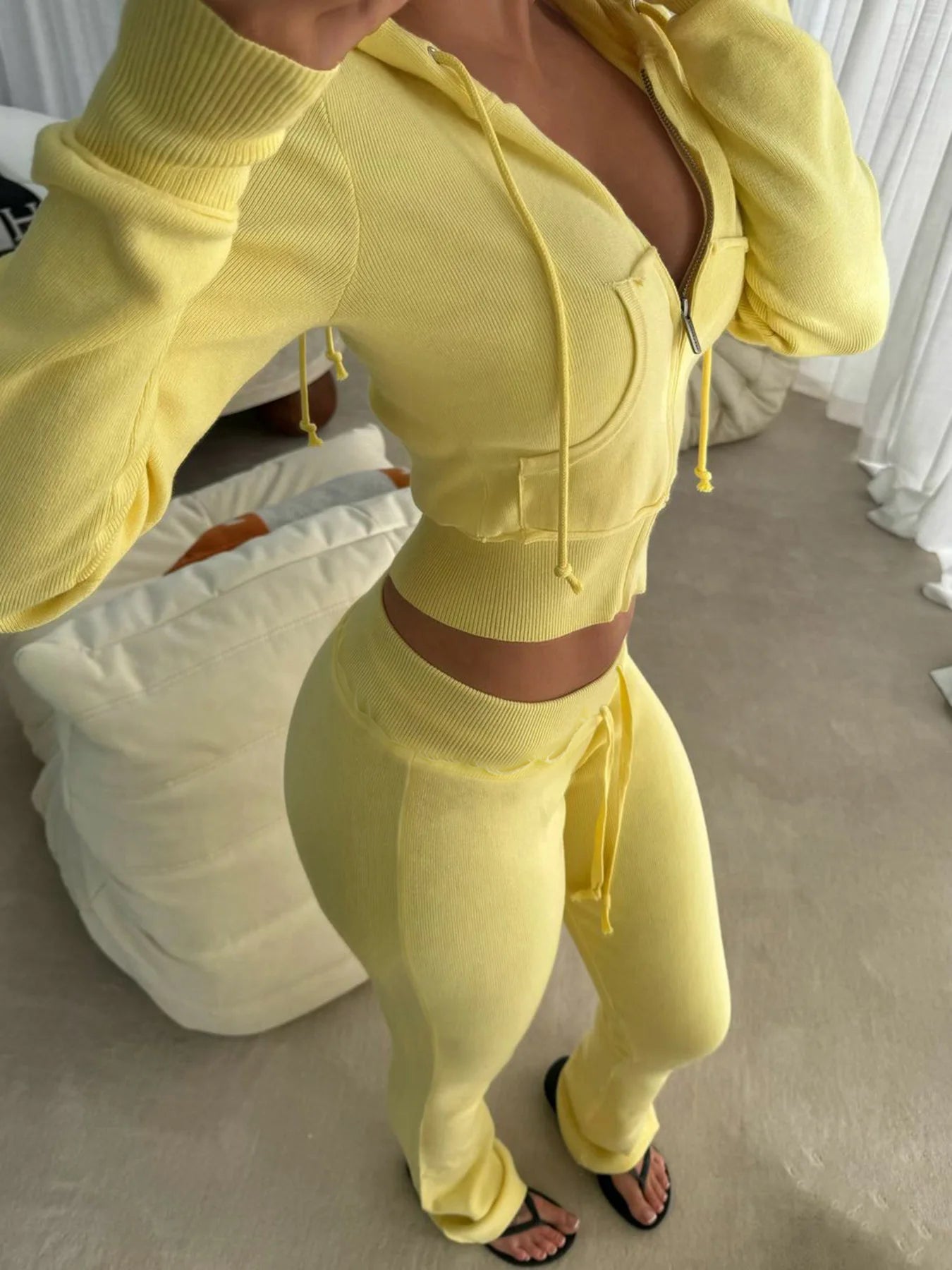 Women's Casual Suit with Brushed and Contrasting Straps Design, Hooded Long Sleeved Cardigan, Slightly Flared Long Pants