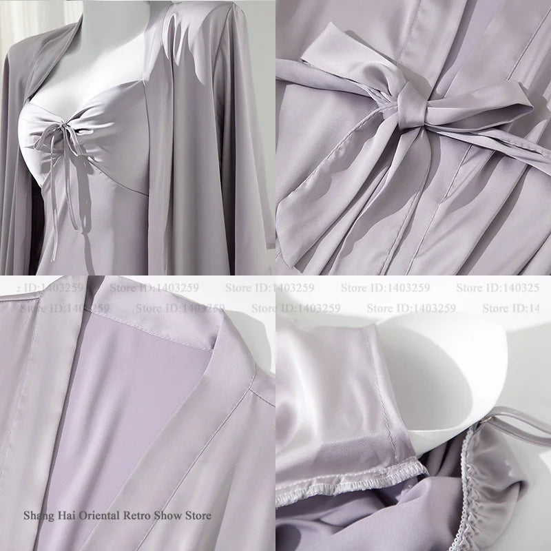 Female 2PCS Robe Nightgown Set Pajama Sexy Suspender Nightdress Lingerie Summer Kimono Bathrobe Gown Rayon Homewear Lounge Wear