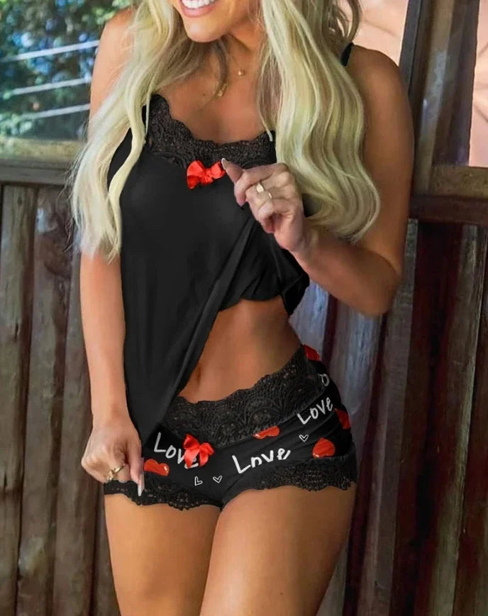 Plus Size Sexy Women Lingerie Set Heart Print Lingerie Lace Pajamas Trim Bowknot Decor Cami Top Lace Patch Shorts Sleepwear Set