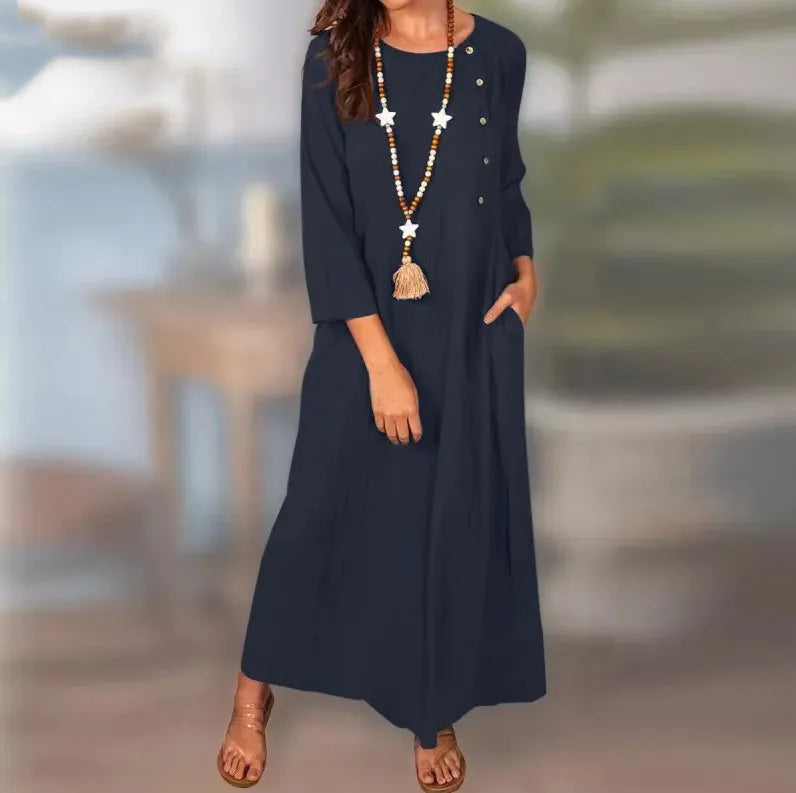 Autumn Fashion Dress Elegant Cotton Linen Women's Solid Color Long Dress Temperament Comfortable Round Neck Long Sleeve Dress