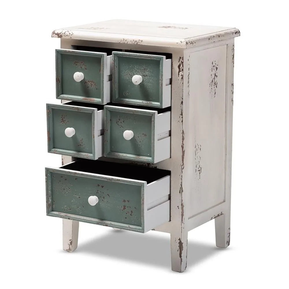 Vintage Distressed Wood 5-Drawer Chest Shabby Chic Accent Storage Organizer Teal White Finish Living Room Entryway