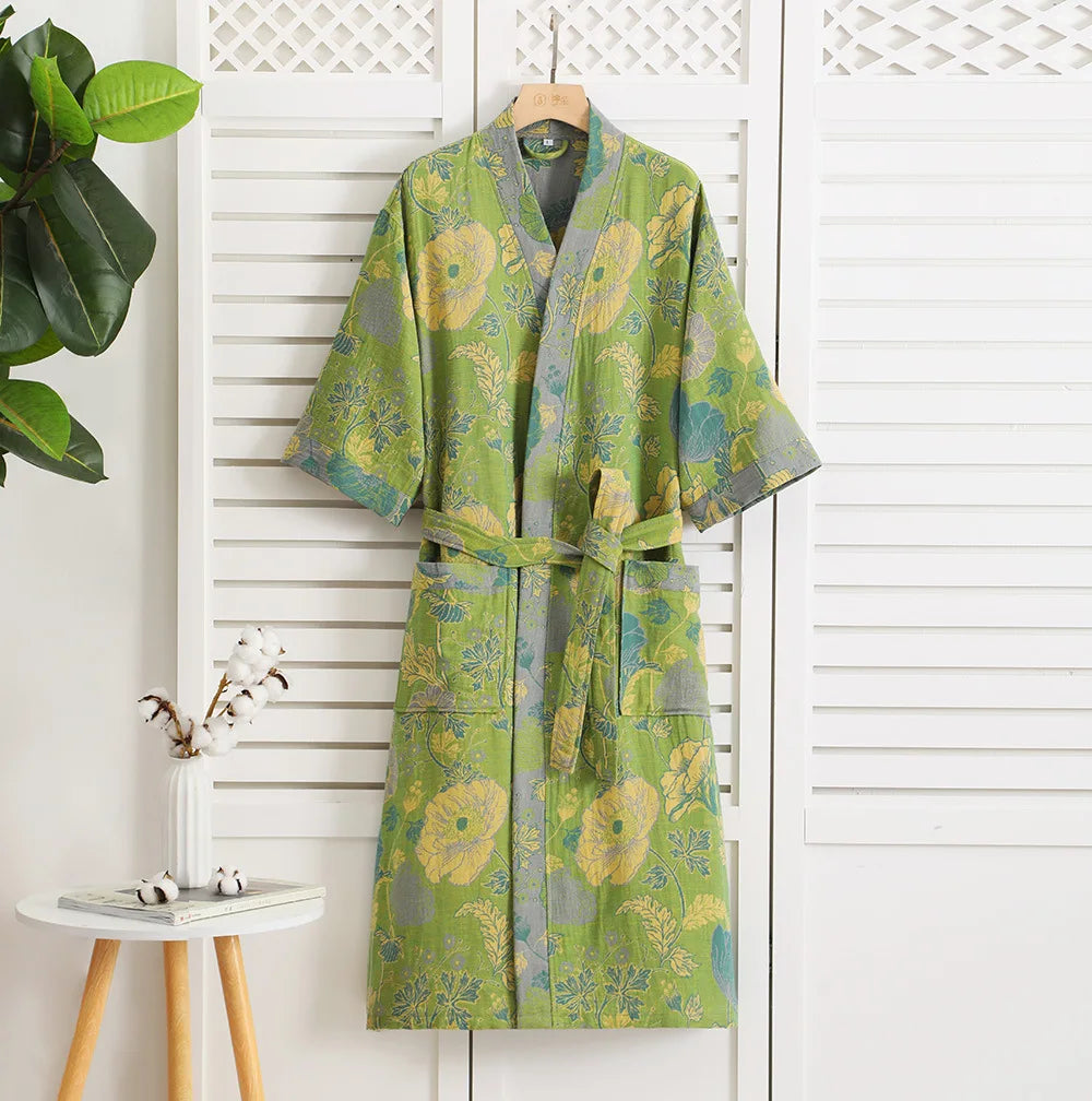 Double Layer Cotton Gauze Long Robe Retro Jacquard Kimono Bathrobe Gown Spring Summer Sleepwear Couple Pijama Loose Lingerie