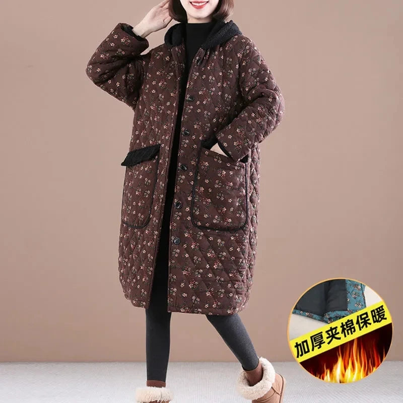 Winter Women's Cotton Parka Clothes Floral Folder Velvet Add Thick Keep Warm Hooded Ladies Mid-Length Cotton Coat JJ142