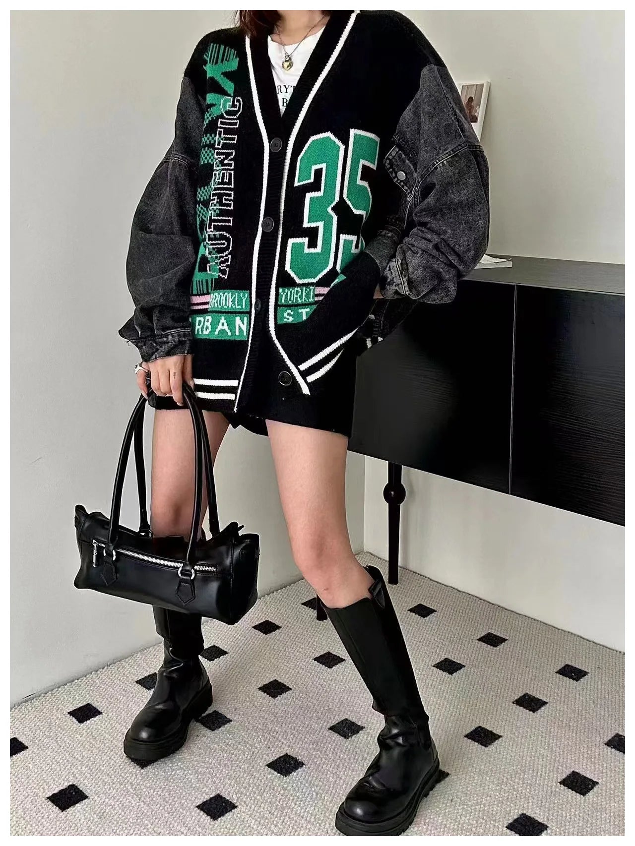 Denim Splicing Knitted Sweater Cardigan Jackets Woman Japanese Korean Fashion V Neck Oversized Coat Vestidos Y2k Clothes Outwear