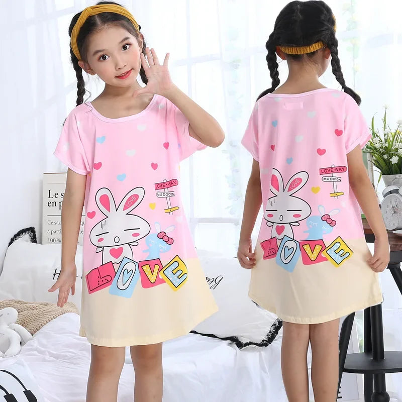 3-10Yrs Girls Dress Summer Kids Girls Cartoon Pajamas Teenager Night Dresses Baby Nightdress Children Clothes