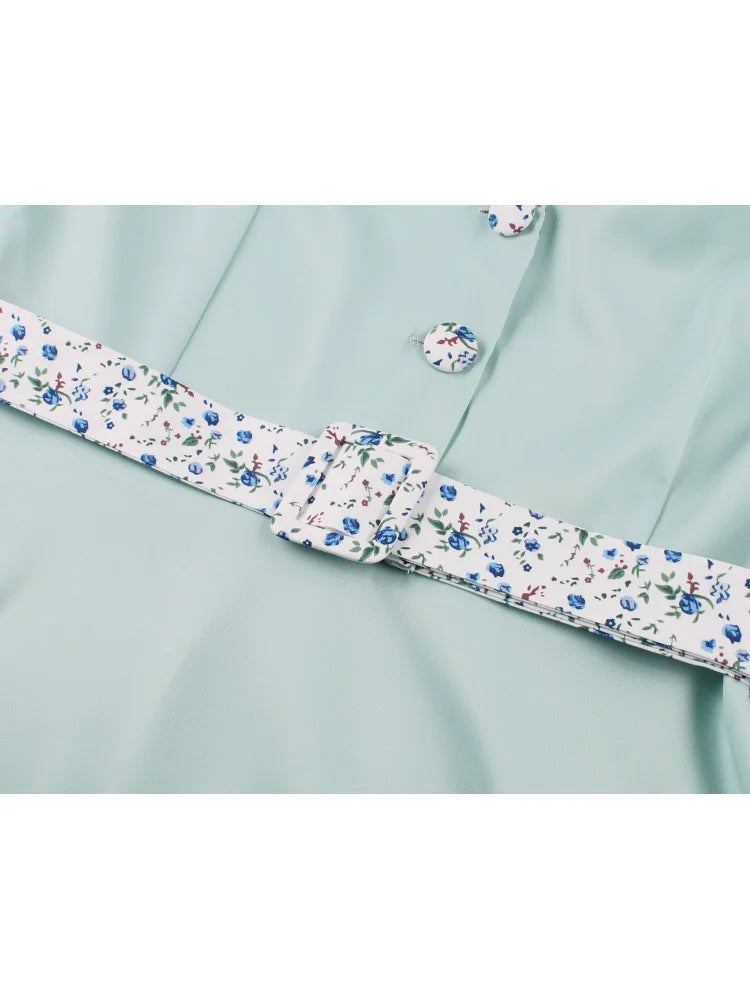 Elegant Fashion American Women Floral Patchwork Short Sleeved Lapel Gentle Afternoon Tea Appointment Belt Casual Commuting Dress