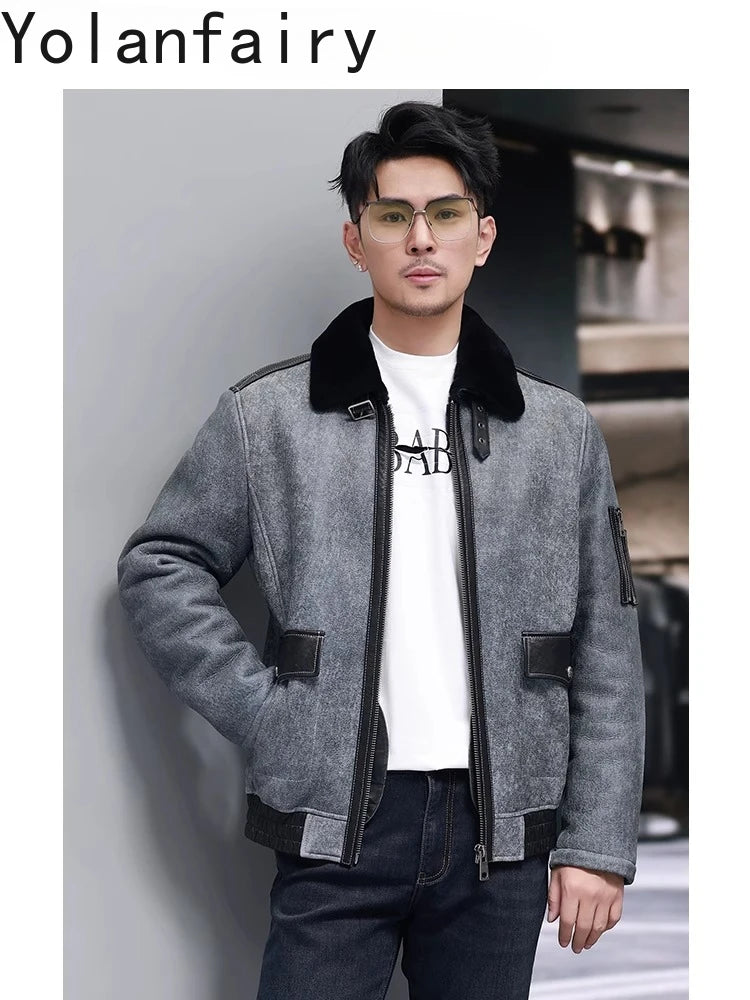 YOLANFAIRY Short Natural Fur Coat Man Fashion Genuine Sheepskin Leather Jacket Men Winter Slim-fit Warm Leather Fur Jackets 2025