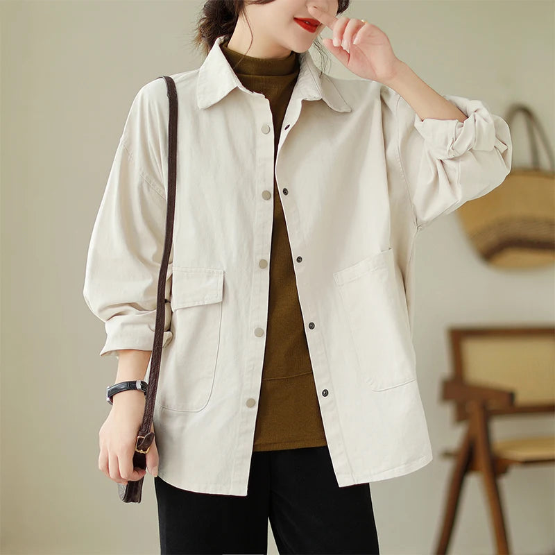 Cotton Linen Jacket Women Loose Thin Casual Trench Coat Korean Fashion Autumn Long-sleeved Shirt Oversize Blouse Camisa Feminina