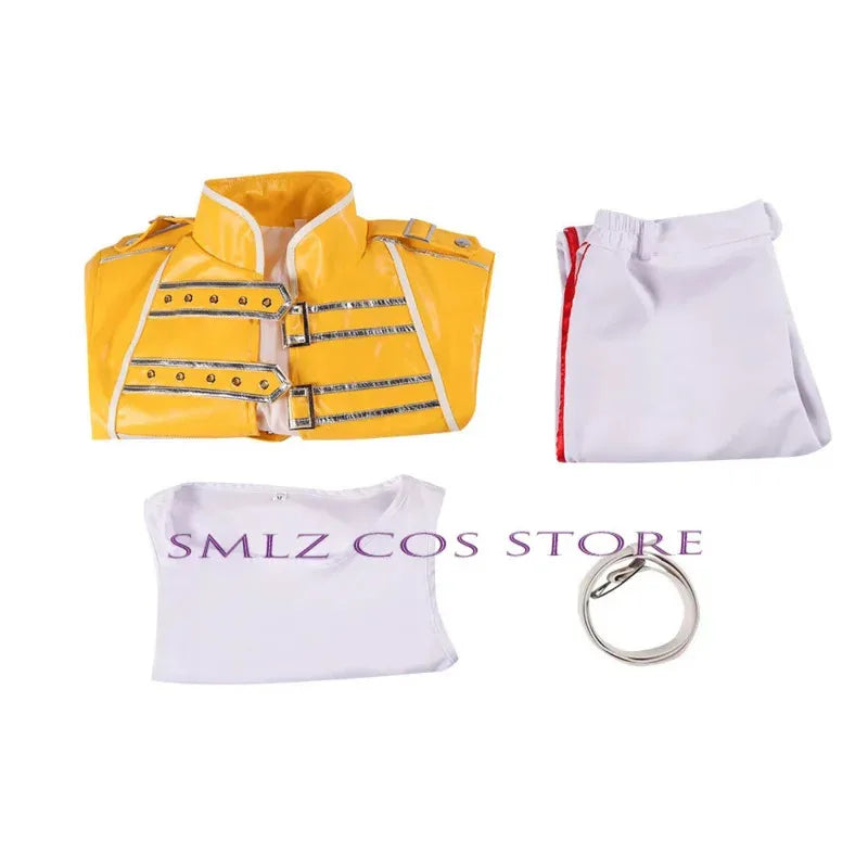 silisili ACos Freddie Mercury Cosplay Aniem Queen Lead Vocals Costume Yellow Coat Uniform Suit Halloween Party Perfo 2025 ☆ New