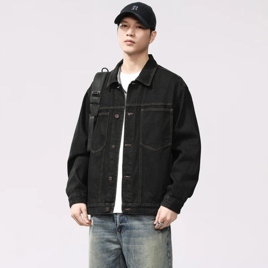 American Vintage Japanese-Style Raw Washed Black Denim Jacket - Relaxed Fit Casual Workwear Coat 100% Cotton Plus Size 4XL