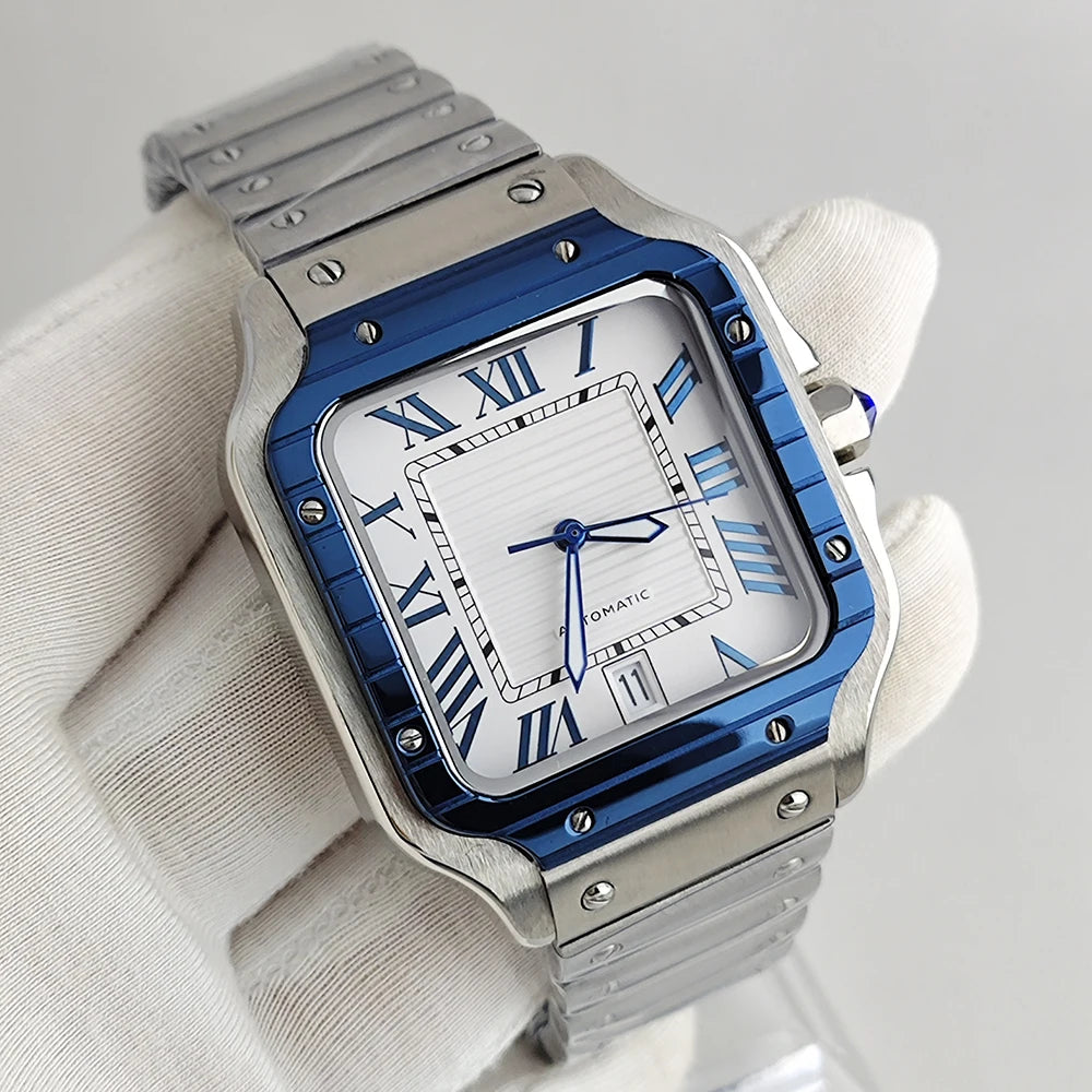 Santos series square watch automatic mechanical Roman numerals with date window men's fashion watch stainless steel watch