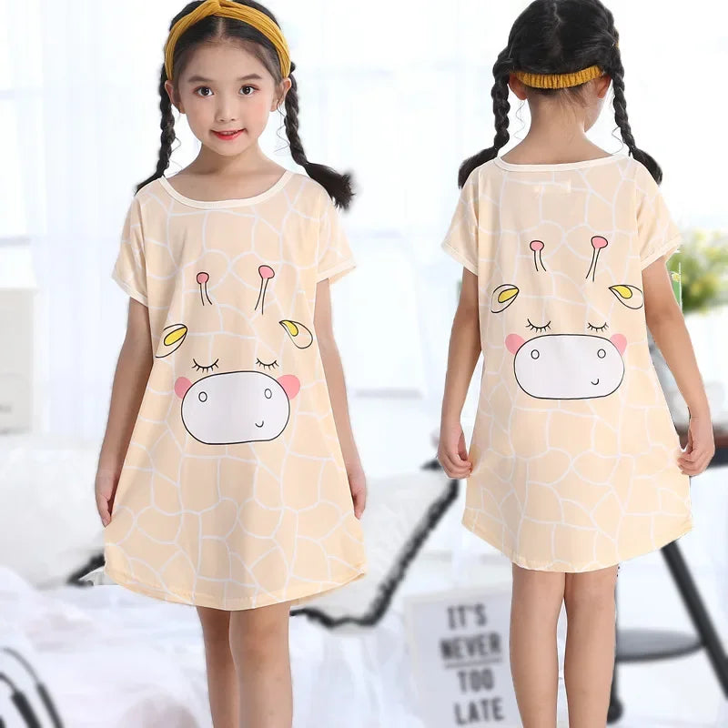 3-10Yrs Girls Dress Summer Kids Girls Cartoon Pajamas Teenager Night Dresses Baby Nightdress Children Clothes