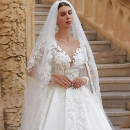 Elegant Satin Lace Applique Wedding Dress Long Sleeves Scoop Neck Back Buttons Bridal Gown for Women