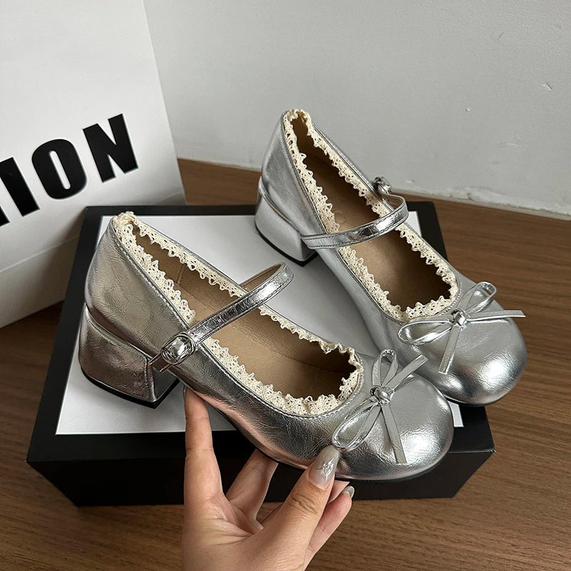 Butterfly-knot Women Mary Jane Shoes Elegant Patent Leather Wedding Party Thick Heel Ladies Footwear