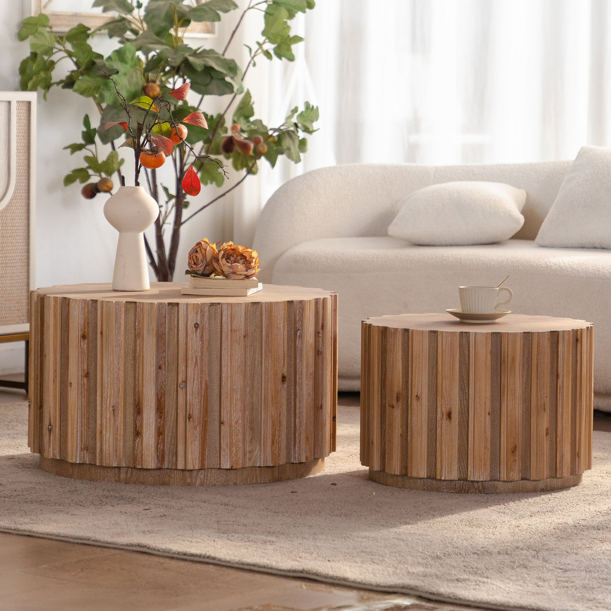 Round Nesting Coffee Tables Set of 2 with Vertical Slatted Wood-Look