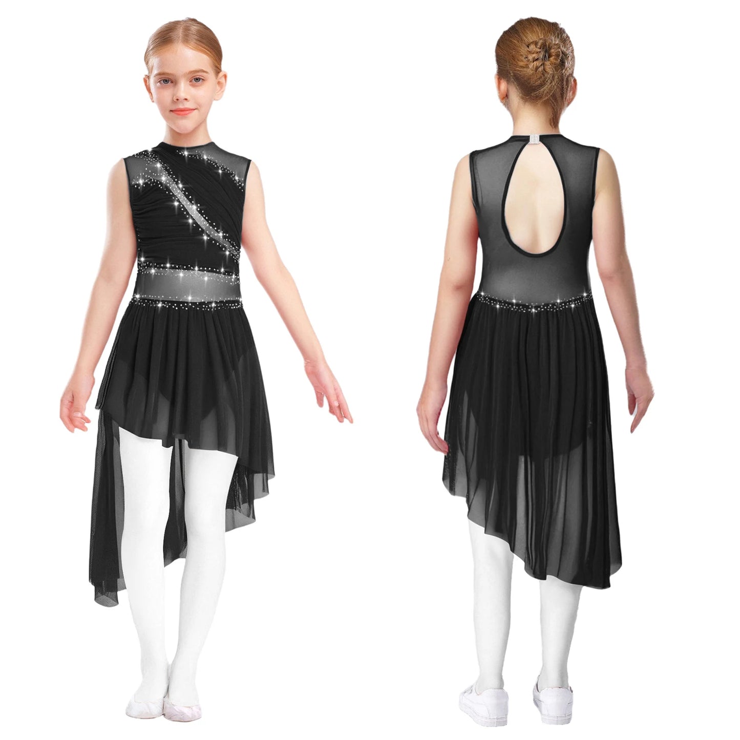 Kids Girls Ballet Dance Dress Figure Ice Skating Dancewear Open Back Asymmetrical Hem Rhinestone Sheer Gymnastics Leotard Dress