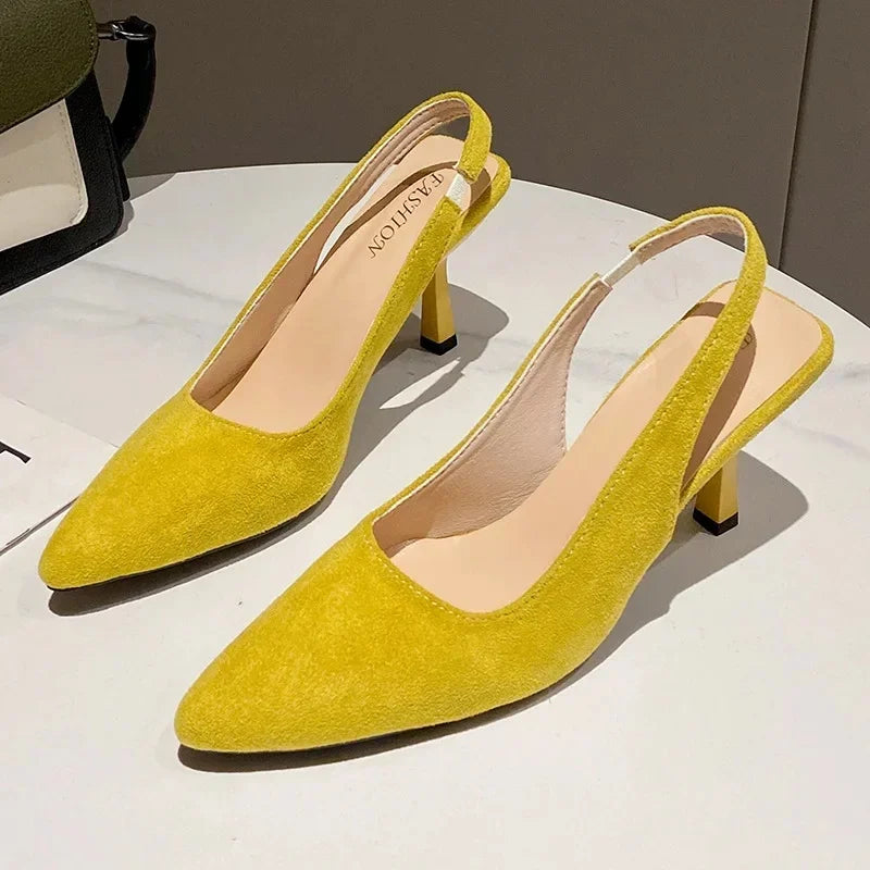 French Style Women's High Heels 2025 Summer New Elegant Faux Suede Leather Pointed Sexy Party Sandals Single Shoes Plus Size 43