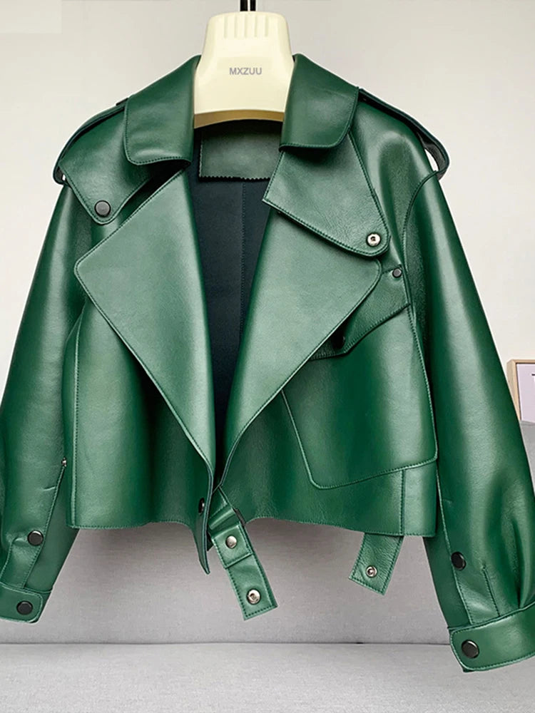 Women's Sheepskin Coat Plus Size Short Loose Veste Femme Large Lapel Pocket Gray/Dark Green/Pink/Khaki Locomotive Leather Jacket