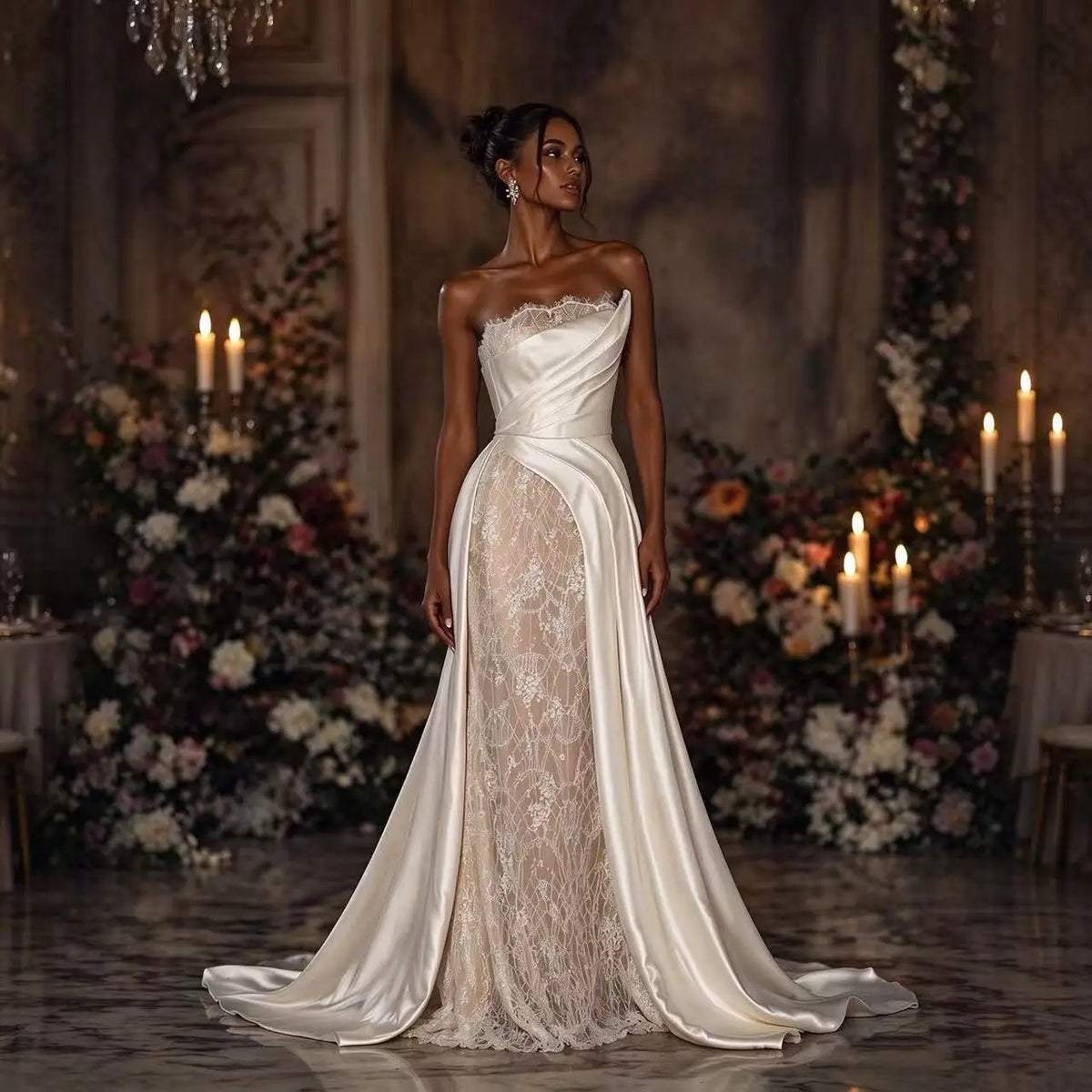 Luxury Satin Lace Mermaid Wedding Dress Strapless Lace Edging Ruffles Flower Lace Interior Dress Wedding Dress Customization