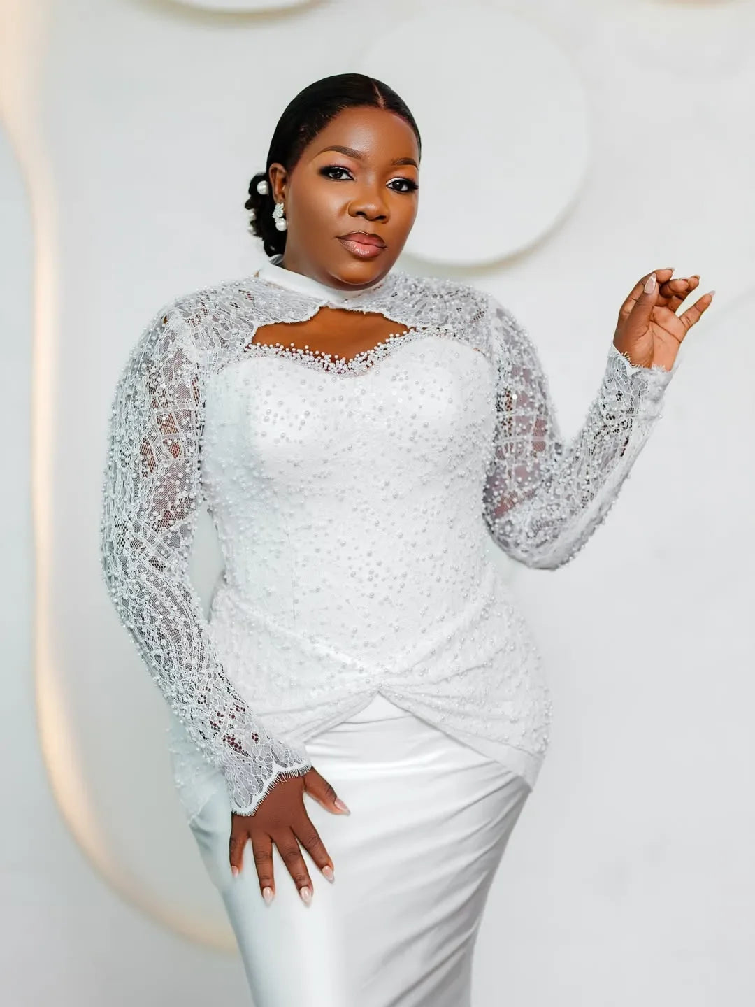 Luxury White Mermaid Bridal Dress Long Lace Beaded Sleeves High Neck Pearl African Wedding Dress Vestido De Novia Customized