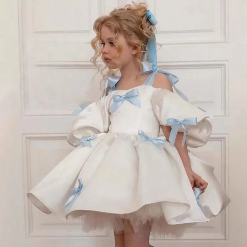 Baby Girl Princess Bow Strap Tutu Dress Infant Toddler Child Vestido Puff Sleeve Christmas Birthday Party Baby Clothes 2-14Y