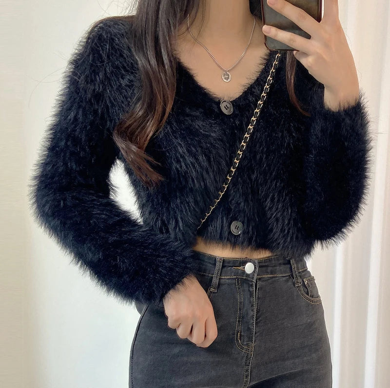Autumn Winter New Sweet Chic Short Cardigan V-neck Soft Fluffy Sweater Coat Woman  Cropped Cardigan Long Sleeve Top  Y2k Clothes