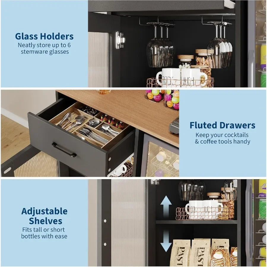 Wine bar cabinet with fridge space and top display hutch for home entertainment, black metal and wood, sleek modern design with