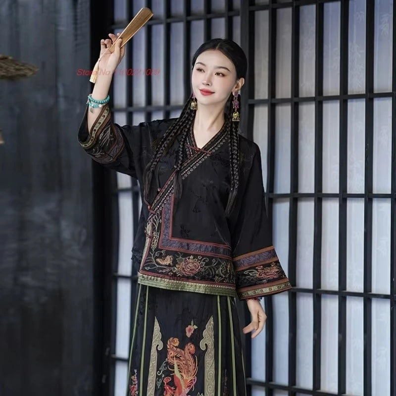 2025 traditional chinese vintage coat national flower embroidery improved v-neck folk jacket oriental satin jacquard hanfu tops