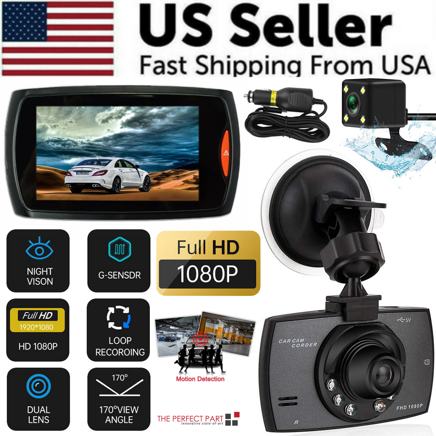 2.7'' Full HD 1080P Dash Cam Car DVR Front & Rear Camera Night Vision
