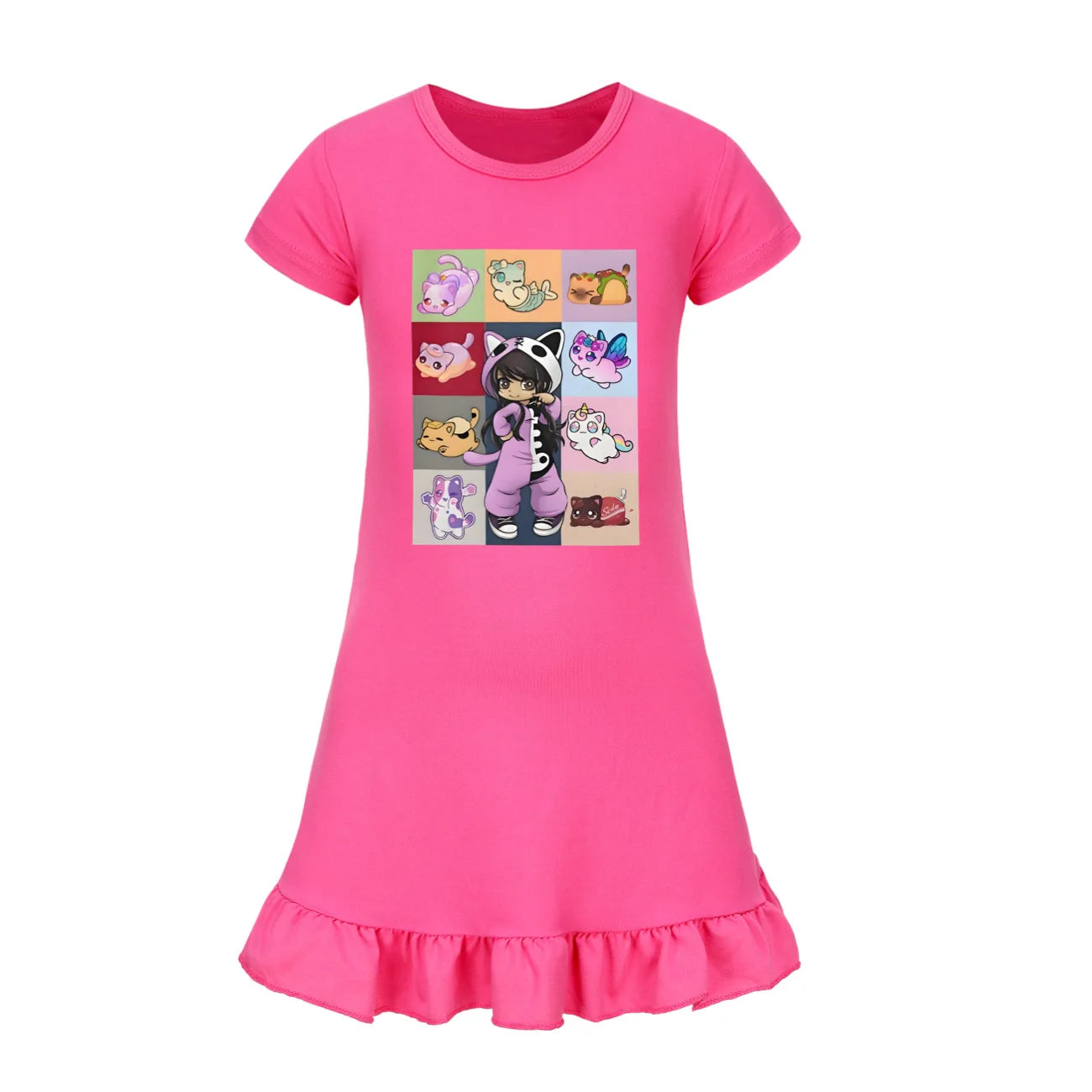 Kids Anime Aphmau Cat Summer Sleepdress Short Sleeve Baby Girls Casual Cartoon Nightgown Daily Wear Clothes for Children