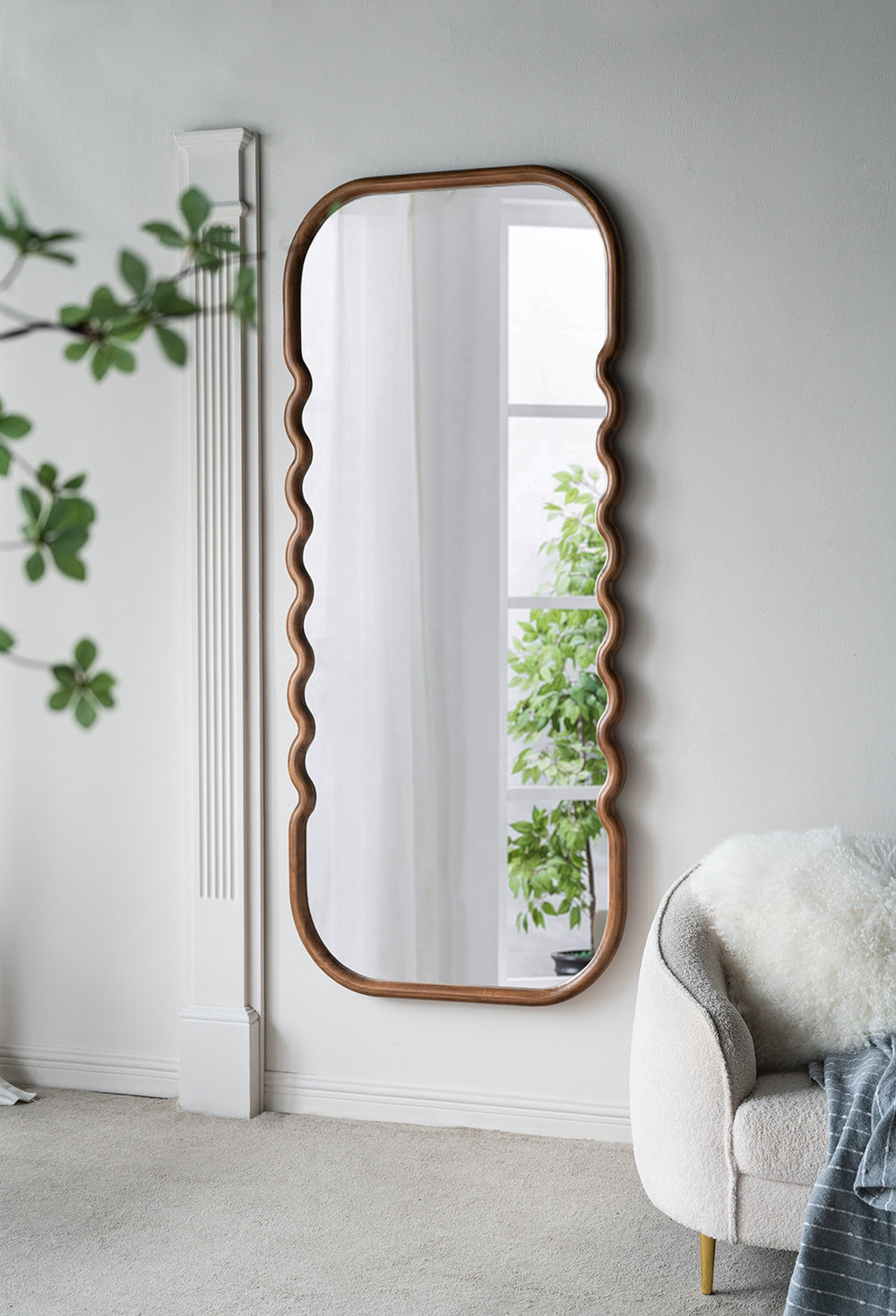 Oversized Curved Wood Frame Floor Mirror, Brown, 31.4 × 74 in