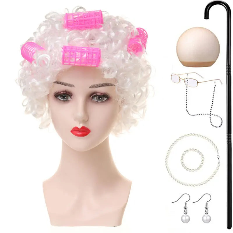 Halloween Granny Granny Grey Wig Grandpa Hair Granny Chartered Woman Curling Iron Wig Set