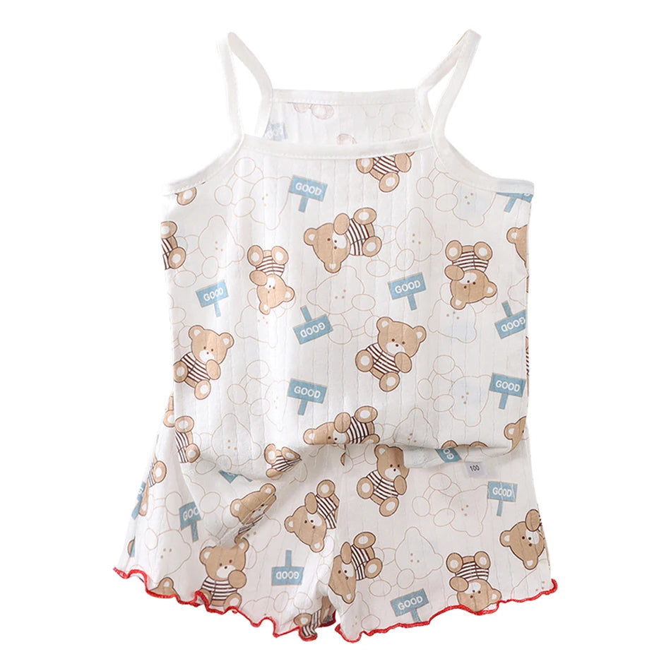 Summer Girls Sleeveless Children's Pajamas Sets Strap Sleepwear Pants Skirt Thin Kids Baby Loungewear Set Children's Top Clothes